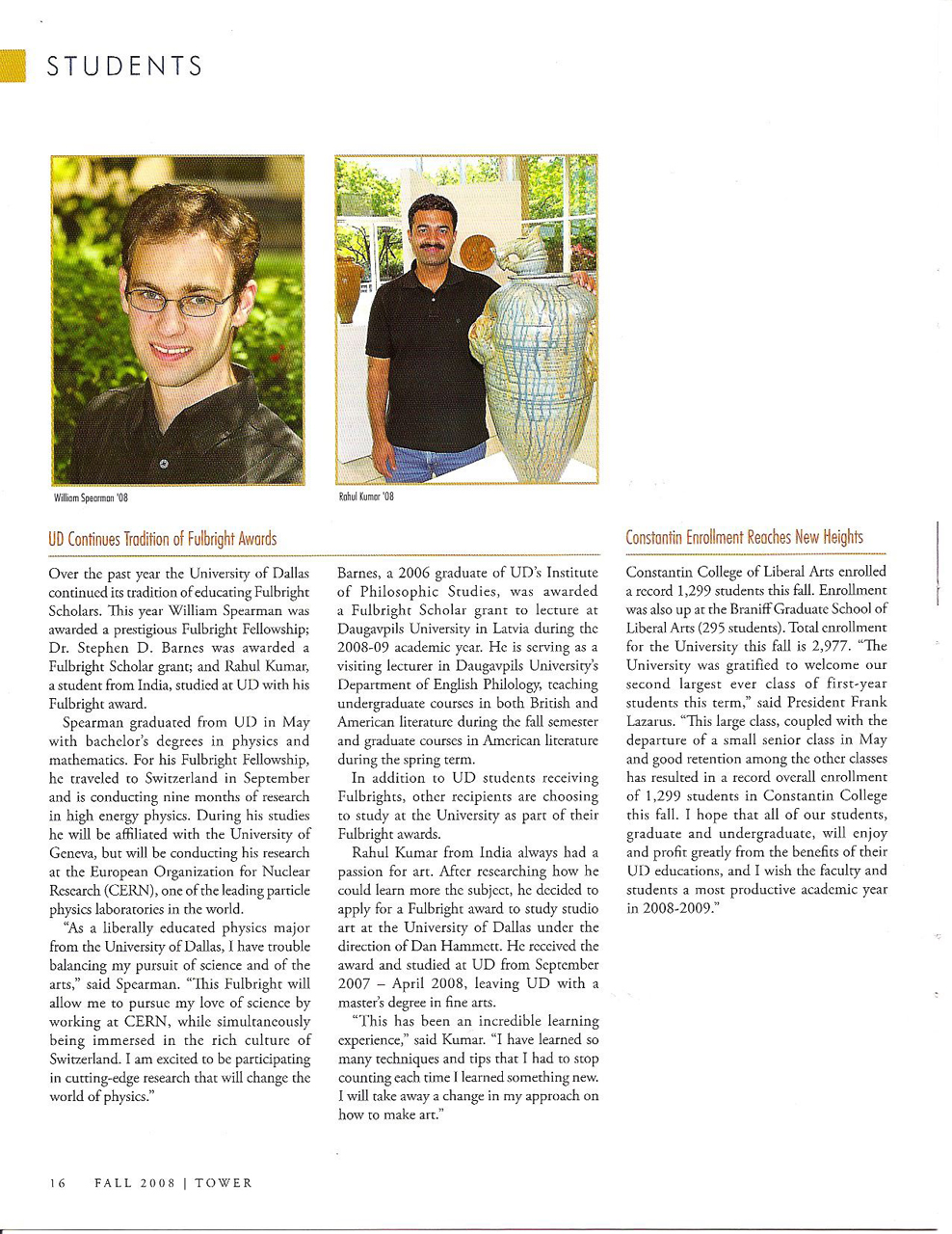 UD Continues Tradition of Fulbright - Tower Magazine, Pg. 16 May 2008