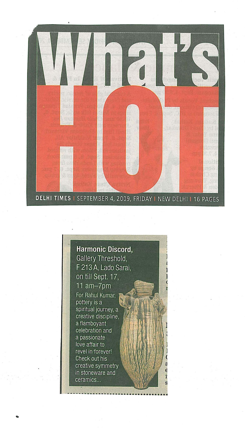 Preview of “harmonic discord II” - What's Hot, The Times of India, September 4, 2009